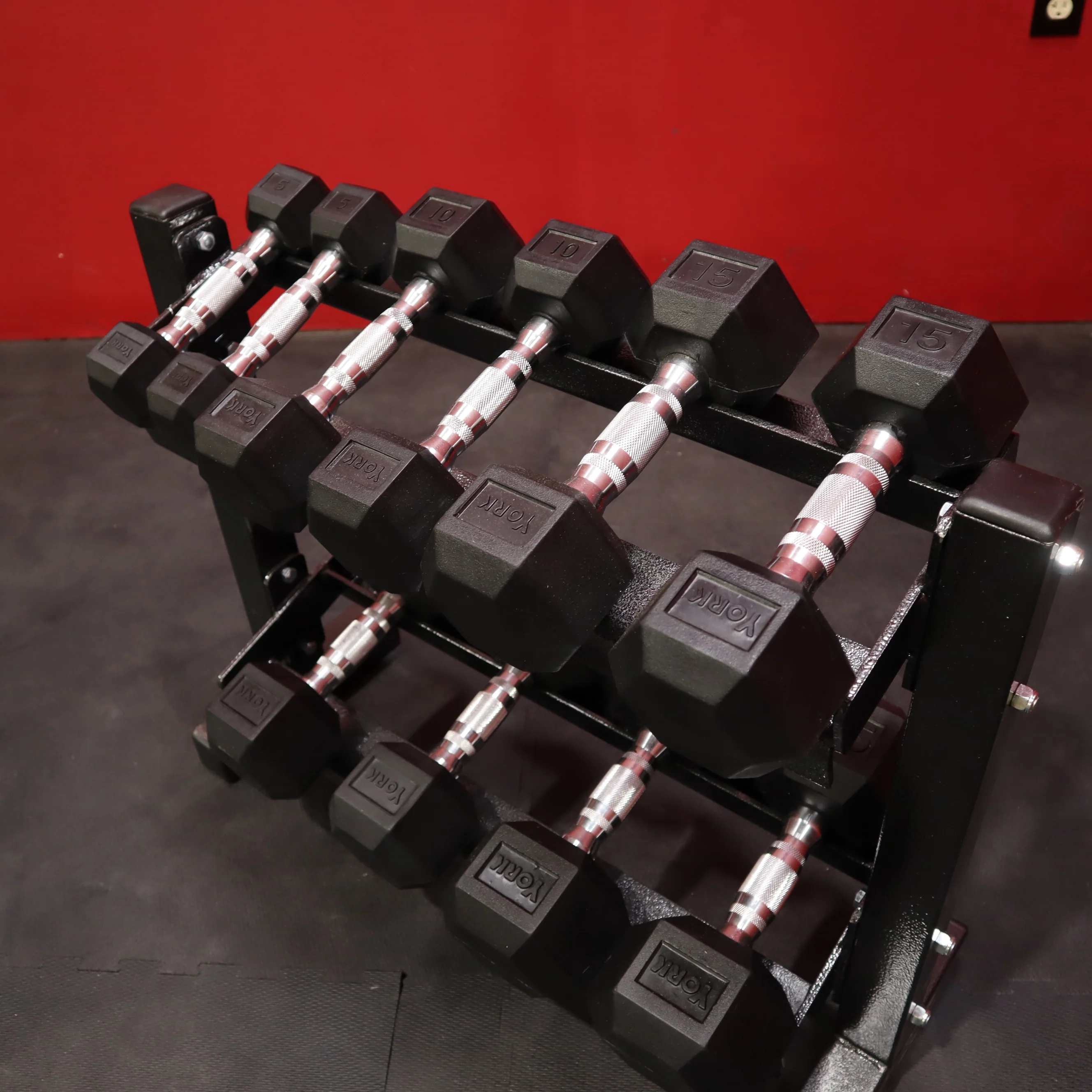 York 5-25lb Rubber Hex Dumbbell Set w/ Dumbbell Stand (New) - Image 2
