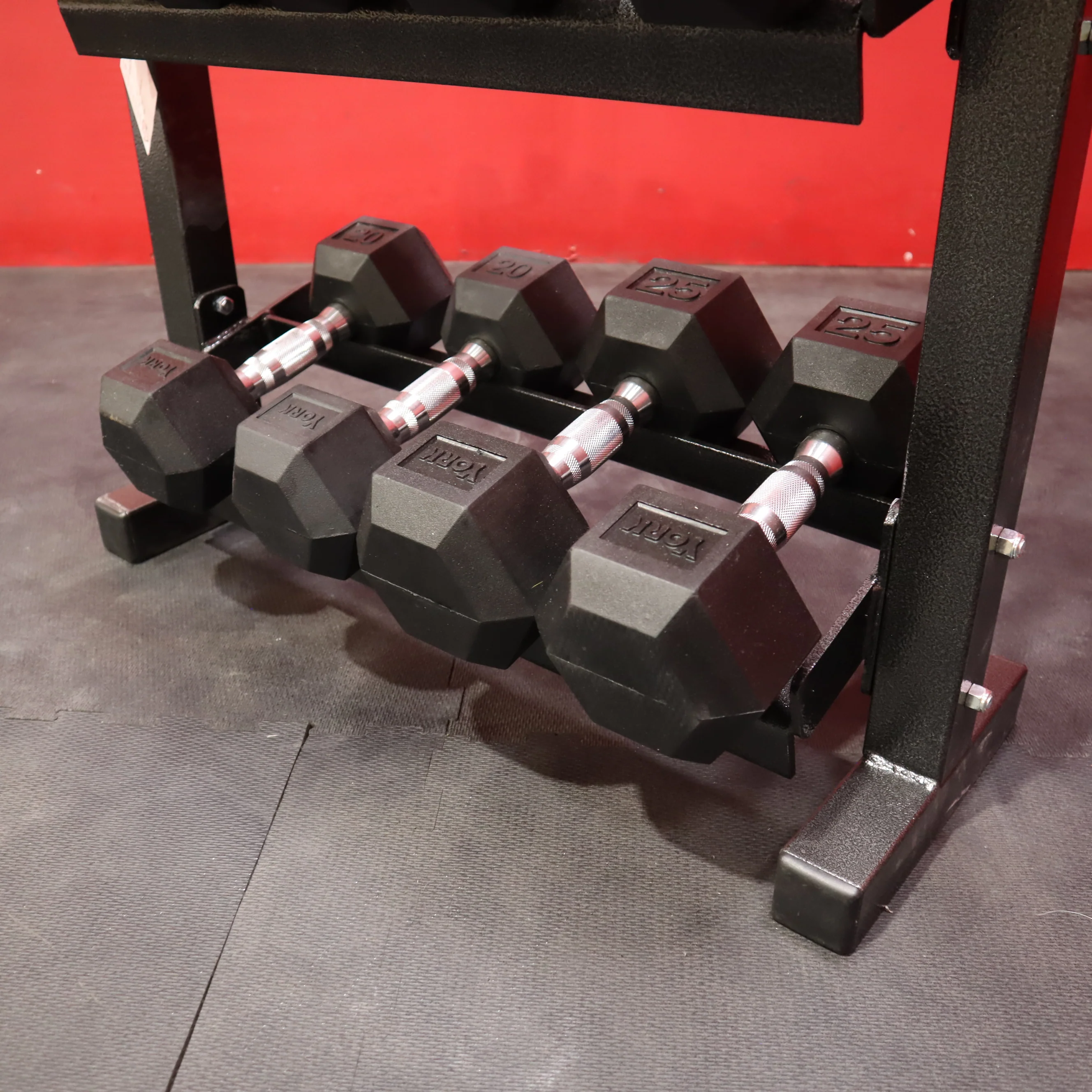 York 5-25lb Rubber Hex Dumbbell Set w/ Dumbbell Stand (New) - Image 3
